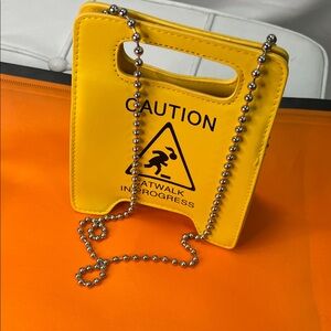 Yellow Caution Sign Handbag with Silver Chain
